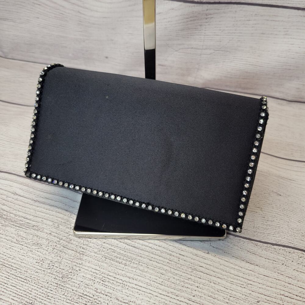 Cache Black Satin Event Bag with Rhinestone Trim, Clutch or Shoulder Bag